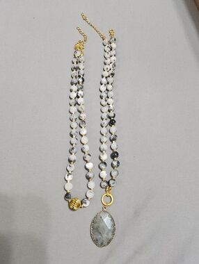 2Pc. Beaded gemstone necklace featuring an oval pendant